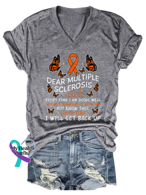 Women’s Ms Awareness Multiple Sclerosis Warrior Multiple Sclerosis Orange Ribbon V-neck Casual T-Shirt Grey / S