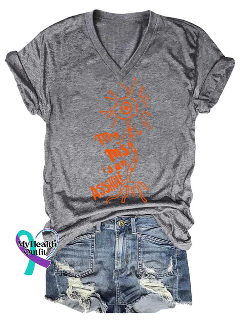 Women’s Ms Awareness Multiple Sclerosis Warrior Multiple Sclerosis Orange Ribbon V-neck Casual T-Shirt Grey / S