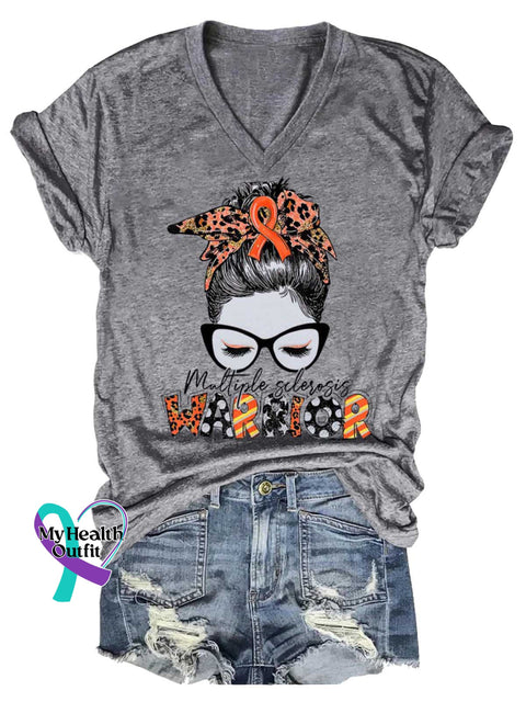 Women’s Ms Awareness Multiple Sclerosis Warrior Multiple Sclerosis Orange Ribbon V-neck Casual T-Shirt Grey / S