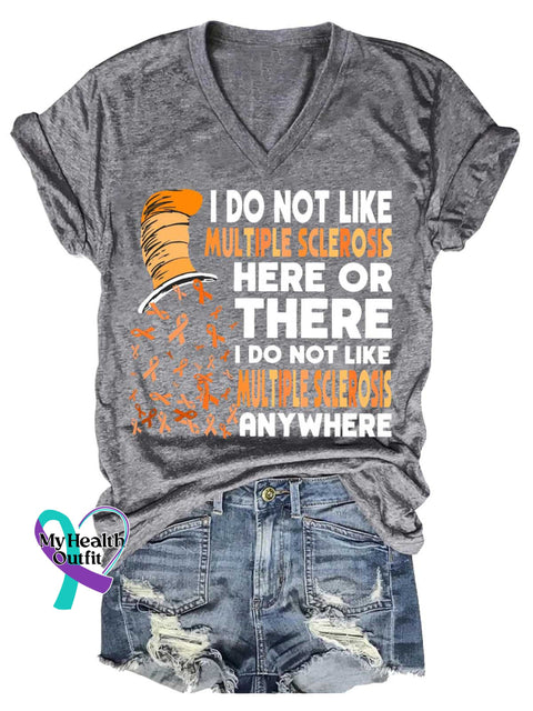 Women’s Ms Awareness Multiple Sclerosis Warrior Multiple Sclerosis Orange Ribbon V-neck Casual T-Shirt Grey / S