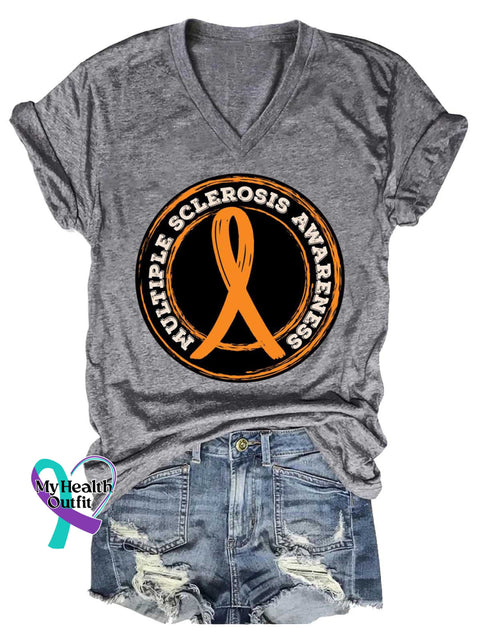 Women’s Ms Awareness Multiple Sclerosis Warrior Multiple Sclerosis Orange Ribbon V-neck Casual T-Shirt Grey / S