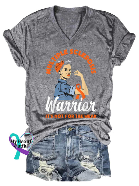 Women’s Ms Awareness Multiple Sclerosis Warrior Multiple Sclerosis Orange Ribbon V-neck Casual T-Shirt Grey / S