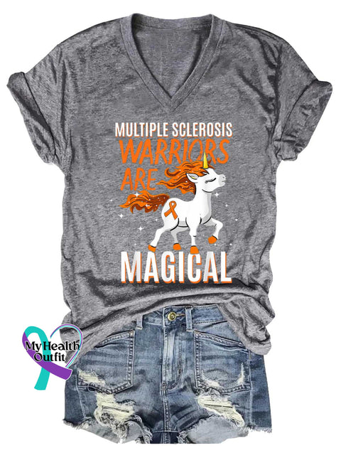 Women’s Ms Awareness Multiple Sclerosis Warrior Multiple Sclerosis Orange Ribbon V-neck Casual T-Shirt Grey / S