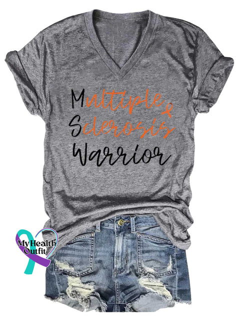 Women’s Ms Awareness Multiple Sclerosis Warrior Multiple Sclerosis Orange Ribbon V-neck Casual T-Shirt Grey / S