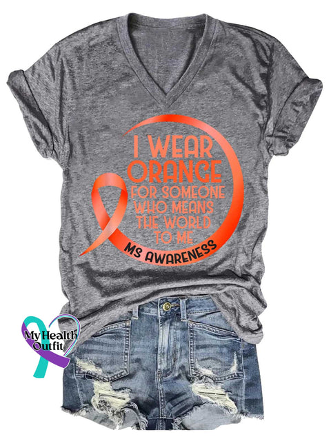 Women’s Ms Awareness Multiple Sclerosis Warrior Multiple Sclerosis Orange Ribbon V-neck Casual T-Shirt Grey / S