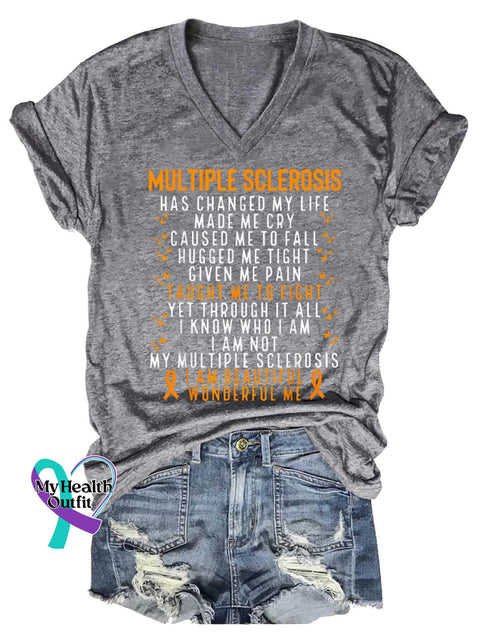 Women’s Ms Awareness Multiple Sclerosis Warrior Multiple Sclerosis Orange Ribbon V-neck Casual T-Shirt Grey / S
