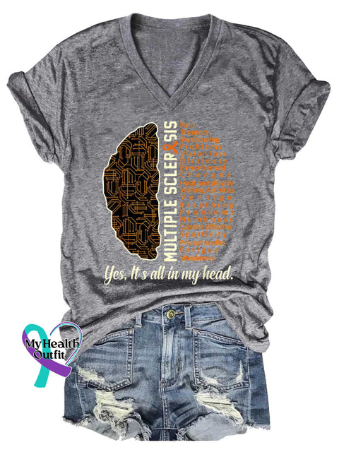 Women’s Ms Awareness Multiple Sclerosis Warrior Multiple Sclerosis Orange Ribbon V-neck Casual T-Shirt Grey / S