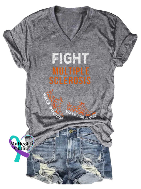 Women’s Ms Awareness Multiple Sclerosis Warrior Multiple Sclerosis Orange Ribbon V-neck Casual T-Shirt Grey / S