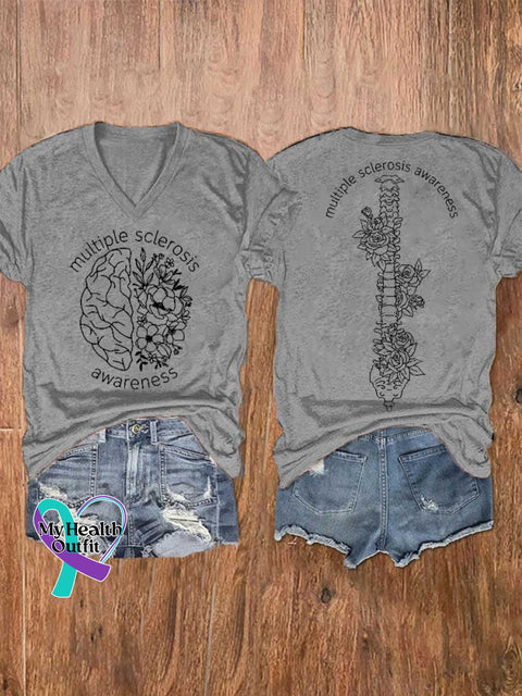 Women’s Ms Awareness Multiple Sclerosis Warrior Multiple Sclerosis Orange Ribbon V-neck Casual T-Shirt Grey / S