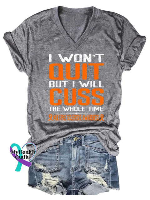Women’s Ms Awareness Multiple Sclerosis Warrior Multiple Sclerosis Orange Ribbon V-neck Casual T-Shirt Grey / S