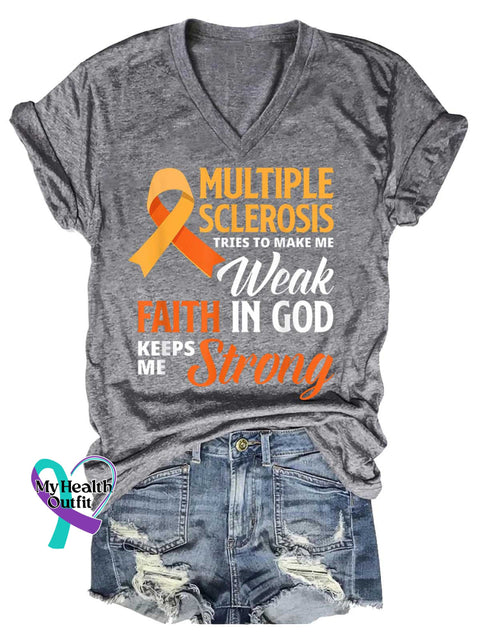 Women’s Ms Awareness Multiple Sclerosis Warrior Multiple Sclerosis Orange Ribbon V-neck Casual T-Shirt Grey / S
