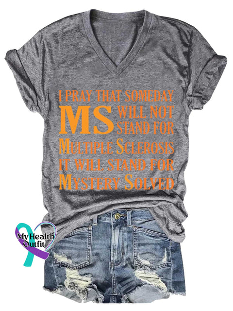 Women’s Ms Awareness Multiple Sclerosis Warrior Multiple Sclerosis Orange Ribbon V-neck Casual T-Shirt Grey / S