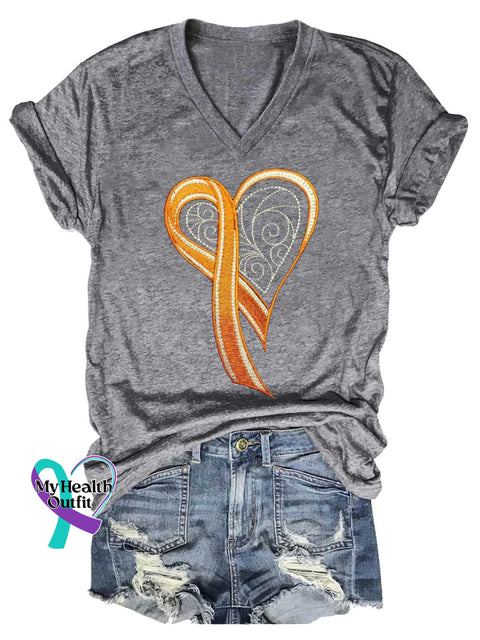 Women’s Ms Awareness Multiple Sclerosis Warrior Multiple Sclerosis Orange Ribbon V-neck Casual T-Shirt Grey / S