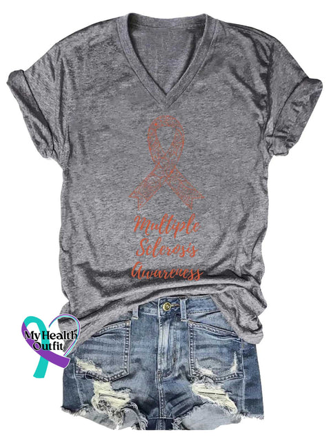 Women’s Ms Awareness Multiple Sclerosis Warrior Multiple Sclerosis Orange Ribbon V-neck Casual T-Shirt Grey / S
