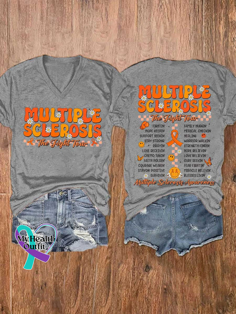 Women’s Ms Awareness Multiple Sclerosis Warrior Multiple Sclerosis Orange Ribbon V-neck Casual T-Shirt Grey / S