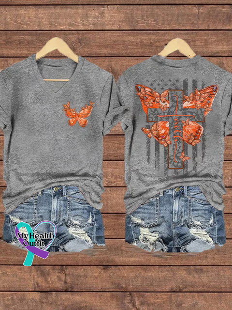 Women’s Ms Awareness Multiple Sclerosis Warrior Multiple Sclerosis Orange Ribbon V-neck Casual T-Shirt Grey / S