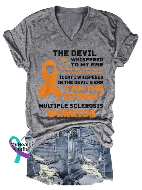 Women’s Ms Awareness Multiple Sclerosis Warrior Multiple Sclerosis Orange Ribbon V-neck Casual T-Shirt Grey / S