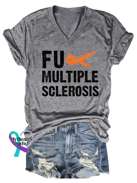 Women’s Ms Awareness Multiple Sclerosis Warrior Multiple Sclerosis Orange Ribbon V-neck Casual T-Shirt Grey / S