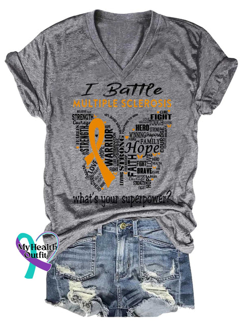 Women’s Ms Awareness Multiple Sclerosis Warrior Multiple Sclerosis Orange Ribbon V-neck Casual T-Shirt Grey / S