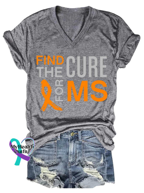 Women’s Ms Awareness Multiple Sclerosis Warrior Multiple Sclerosis Orange Ribbon V-neck Casual T-Shirt Grey / S