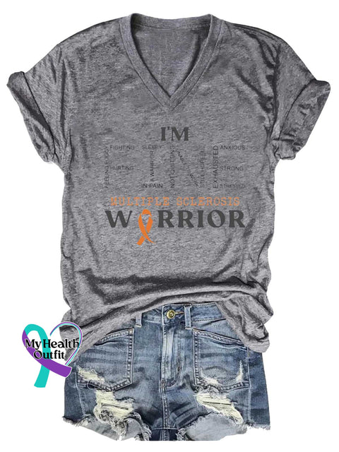 Women’s Ms Awareness Multiple Sclerosis Warrior Multiple Sclerosis Orange Ribbon V-neck Casual T-Shirt Grey / S