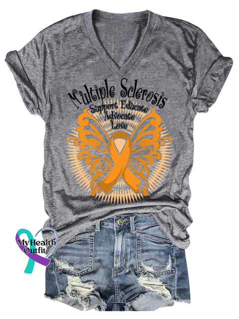 Women’s Ms Awareness Multiple Sclerosis Warrior Multiple Sclerosis Orange Ribbon V-neck Casual T-Shirt Grey / S