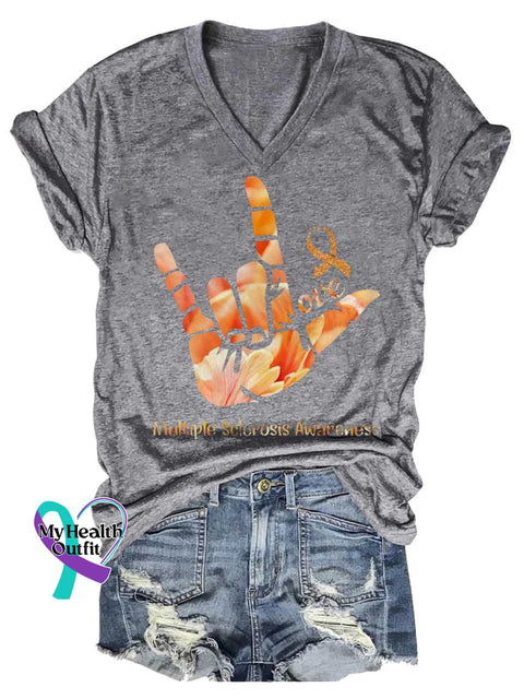 Women’s Ms Awareness Multiple Sclerosis Warrior Multiple Sclerosis Orange Ribbon V-neck Casual T-Shirt Grey / S