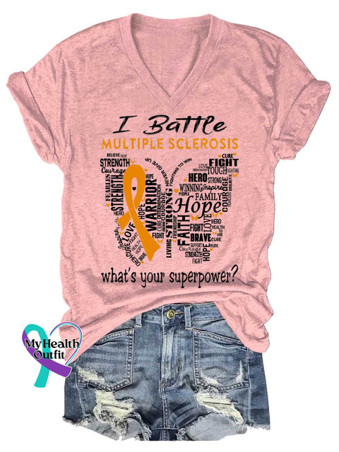 Women’s Ms Awareness Multiple Sclerosis Warrior Multiple Sclerosis Orange Ribbon V-neck Casual T-Shirt Pink / S