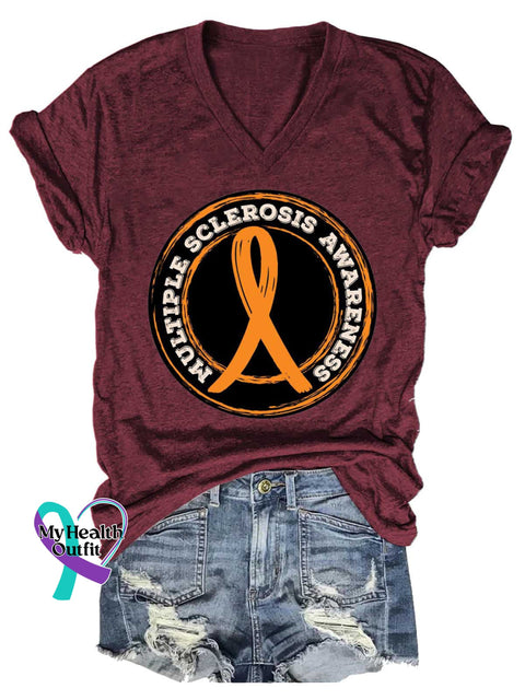 Women’s Ms Awareness Multiple Sclerosis Warrior Multiple Sclerosis Orange Ribbon V-neck Casual T-Shirt Red / S