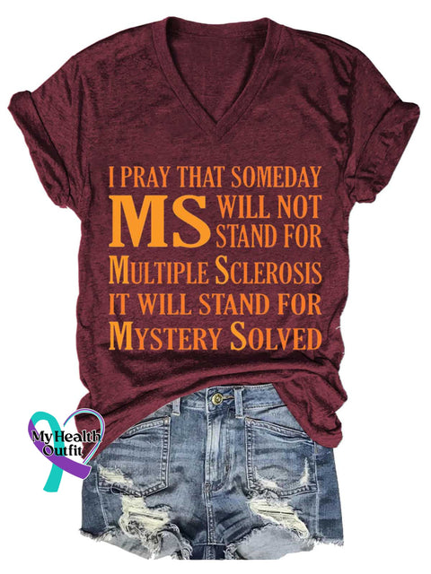 Women’s Ms Awareness Multiple Sclerosis Warrior Multiple Sclerosis Orange Ribbon V-neck Casual T-Shirt Red / S