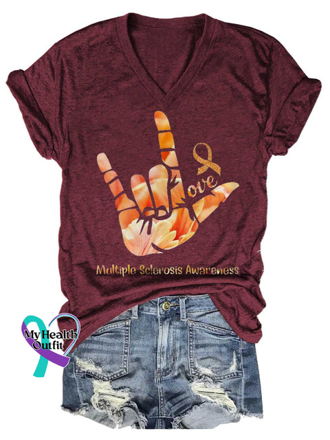 Women’s Ms Awareness Multiple Sclerosis Warrior Multiple Sclerosis Orange Ribbon V-neck Casual T-Shirt Red / S