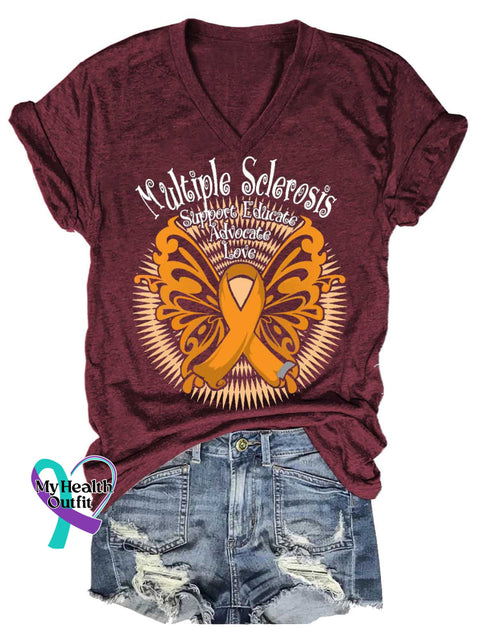 Women’s Ms Awareness Multiple Sclerosis Warrior Multiple Sclerosis Orange Ribbon V-neck Casual T-Shirt Red / S