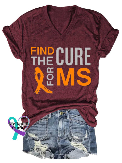 Women’s Ms Awareness Multiple Sclerosis Warrior Multiple Sclerosis Orange Ribbon V-neck Casual T-Shirt Red / S
