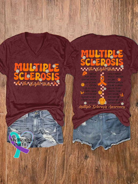 Women’s Ms Awareness Multiple Sclerosis Warrior Multiple Sclerosis Orange Ribbon V-neck Casual T-Shirt Red / S