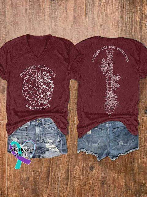 Women’s Ms Awareness Multiple Sclerosis Warrior Multiple Sclerosis Orange Ribbon V-neck Casual T-Shirt Red / S