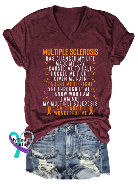 Women’s Ms Awareness Multiple Sclerosis Warrior Multiple Sclerosis Orange Ribbon V-neck Casual T-Shirt Red / S