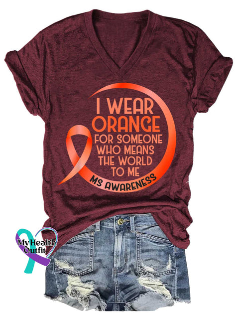 Women’s Ms Awareness Multiple Sclerosis Warrior Multiple Sclerosis Orange Ribbon V-neck Casual T-Shirt Red / S