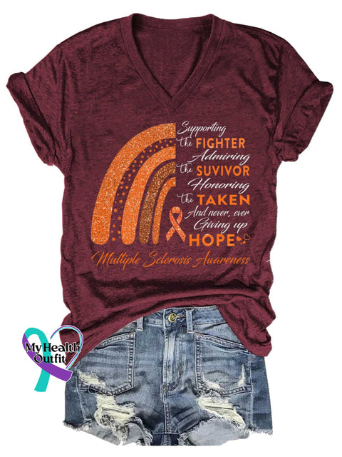 Women’s Ms Awareness Multiple Sclerosis Warrior Multiple Sclerosis Orange Ribbon V-neck Casual T-Shirt Red / S
