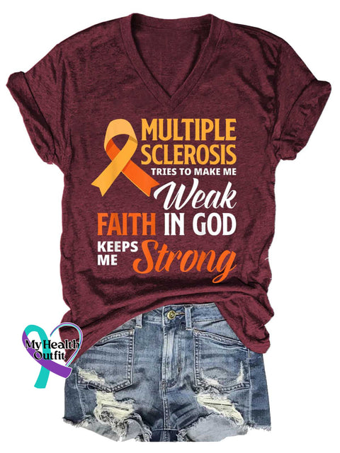 Women’s Ms Awareness Multiple Sclerosis Warrior Multiple Sclerosis Orange Ribbon V-neck Casual T-Shirt Red / S