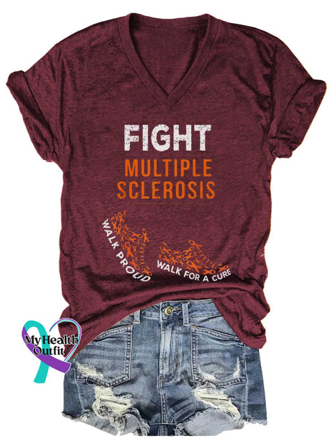 Women’s Ms Awareness Multiple Sclerosis Warrior Multiple Sclerosis Orange Ribbon V-neck Casual T-Shirt Red / S