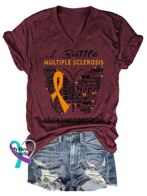 Women’s Ms Awareness Multiple Sclerosis Warrior Multiple Sclerosis Orange Ribbon V-neck Casual T-Shirt Red / S