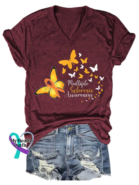 Women’s Ms Awareness Multiple Sclerosis Warrior Multiple Sclerosis Orange Ribbon V-neck Casual T-Shirt Red / S
