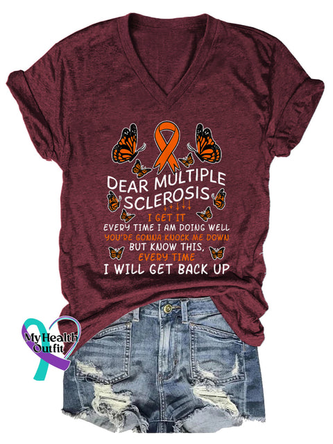 Women’s Ms Awareness Multiple Sclerosis Warrior Multiple Sclerosis Orange Ribbon V-neck Casual T-Shirt Red / S