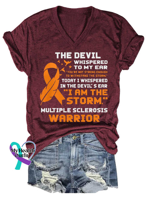 Women’s Ms Awareness Multiple Sclerosis Warrior Multiple Sclerosis Orange Ribbon V-neck Casual T-Shirt Red / S