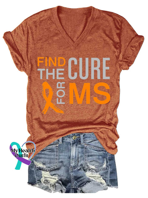 Women’s Ms Awareness Multiple Sclerosis Warrior Multiple Sclerosis Orange Ribbon V-neck Casual T-Shirt Orange / S