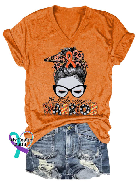Women’s Ms Awareness Multiple Sclerosis Warrior Multiple Sclerosis Orange Ribbon V-neck Casual T-Shirt Orange / S
