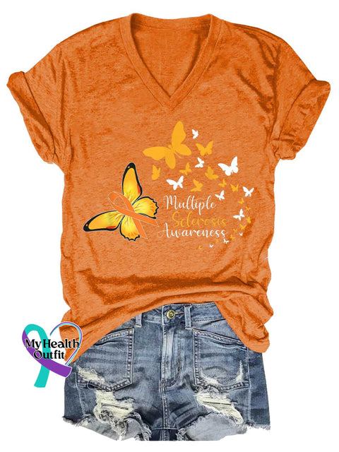 Women’s Ms Awareness Multiple Sclerosis Warrior Multiple Sclerosis Orange Ribbon V-neck Casual T-Shirt Orange / S