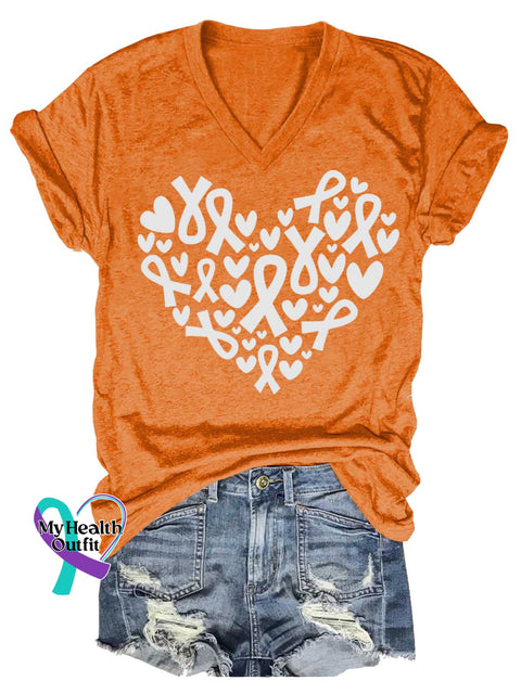 Women’s Ms Awareness Multiple Sclerosis Warrior Multiple Sclerosis Orange Ribbon V-neck Casual T-Shirt Orange / S