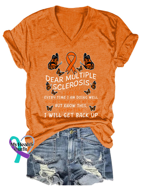 Women’s Ms Awareness Multiple Sclerosis Warrior Multiple Sclerosis Orange Ribbon V-neck Casual T-Shirt Orange / S