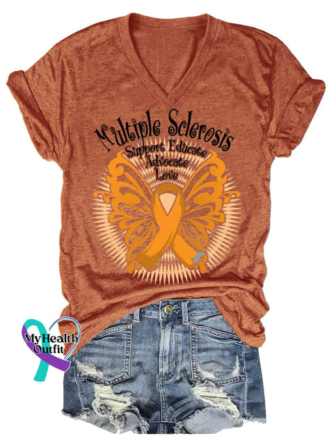 Women’s Ms Awareness Multiple Sclerosis Warrior Multiple Sclerosis Orange Ribbon V-neck Casual T-Shirt Orange / S